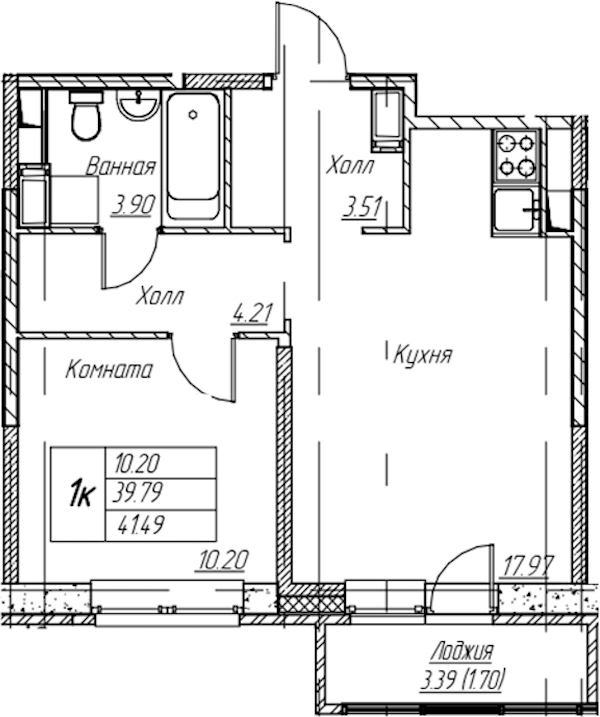 1-комнатная квартира 41.49 м², 3/22 эт., ЖК «Парк-квартал Юнтолово»